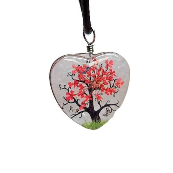 Red Glass Heart Shape Tree With pressed Flower and Butterfly Pendant Necklace - Picture 2 of 4